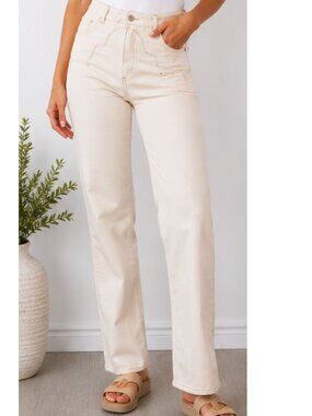 Pastiche 100% Cotton Cream Straight Leg Jeans Size L | High Rise